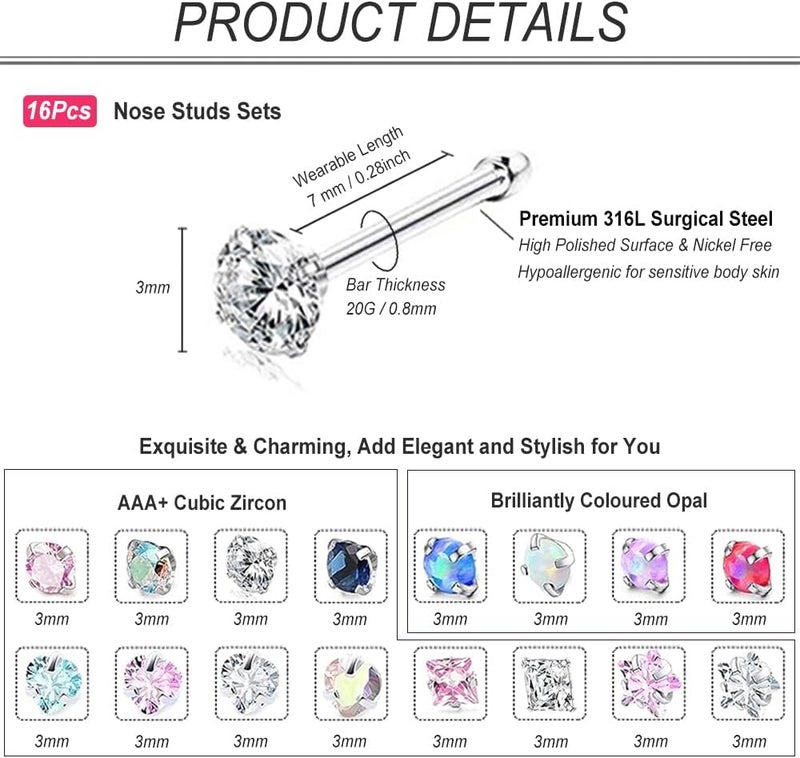 SEEDRILL Nose Rings Studs for Women 16Pcs 18g/20g Nose Studs Hypoallergenic 316L Surgical Steel Nose Piercings Jewelry 3mm CZ & Opal Nose Ring L Shape Nose Stud 20 Gauge Nose Screw Studs - Image 2